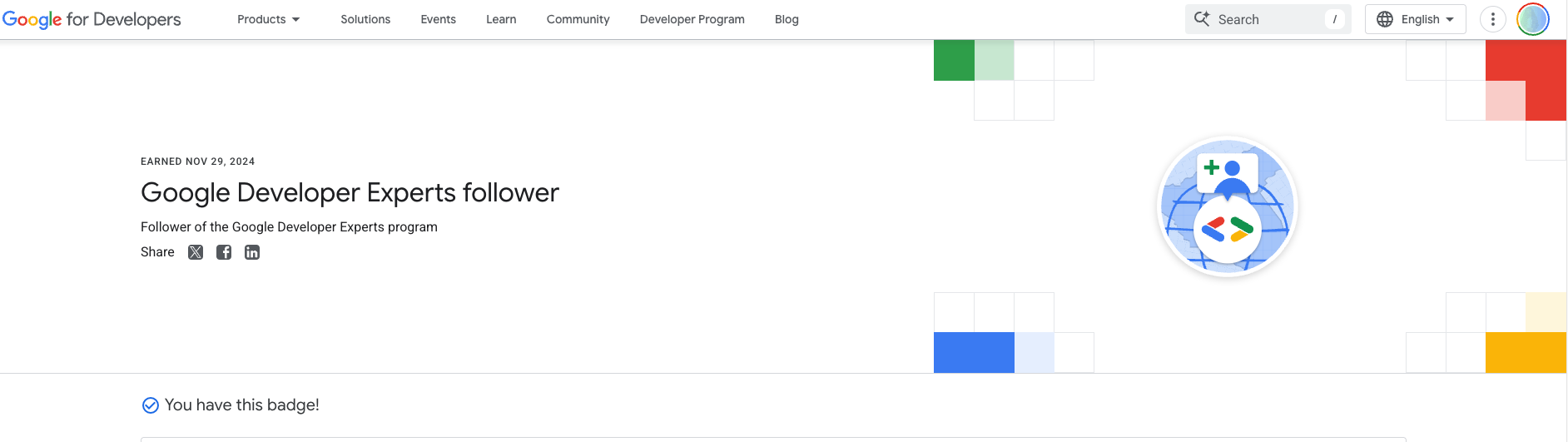 Just got the Google Developer Experts follower badge! 🎉